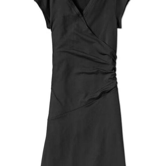 Athleta Nectar Faux Wrap Black Dress w/ Cap Sleeves, Ruching, Surplice Neck, S - Picture 2 of 8